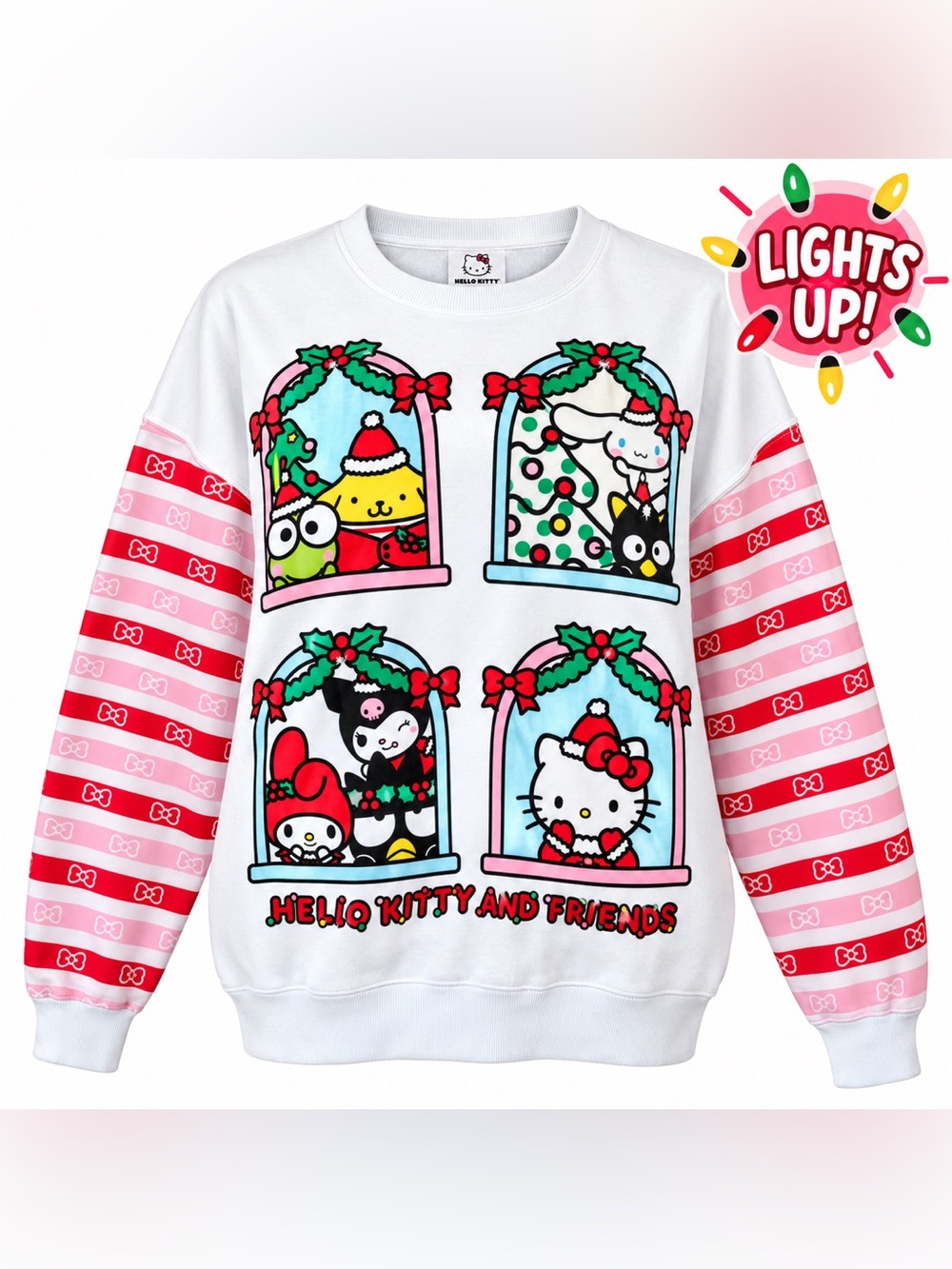 Hello Kitty & Friends Light Up Christmas Sweatshirt White Pink Striped Holiday L